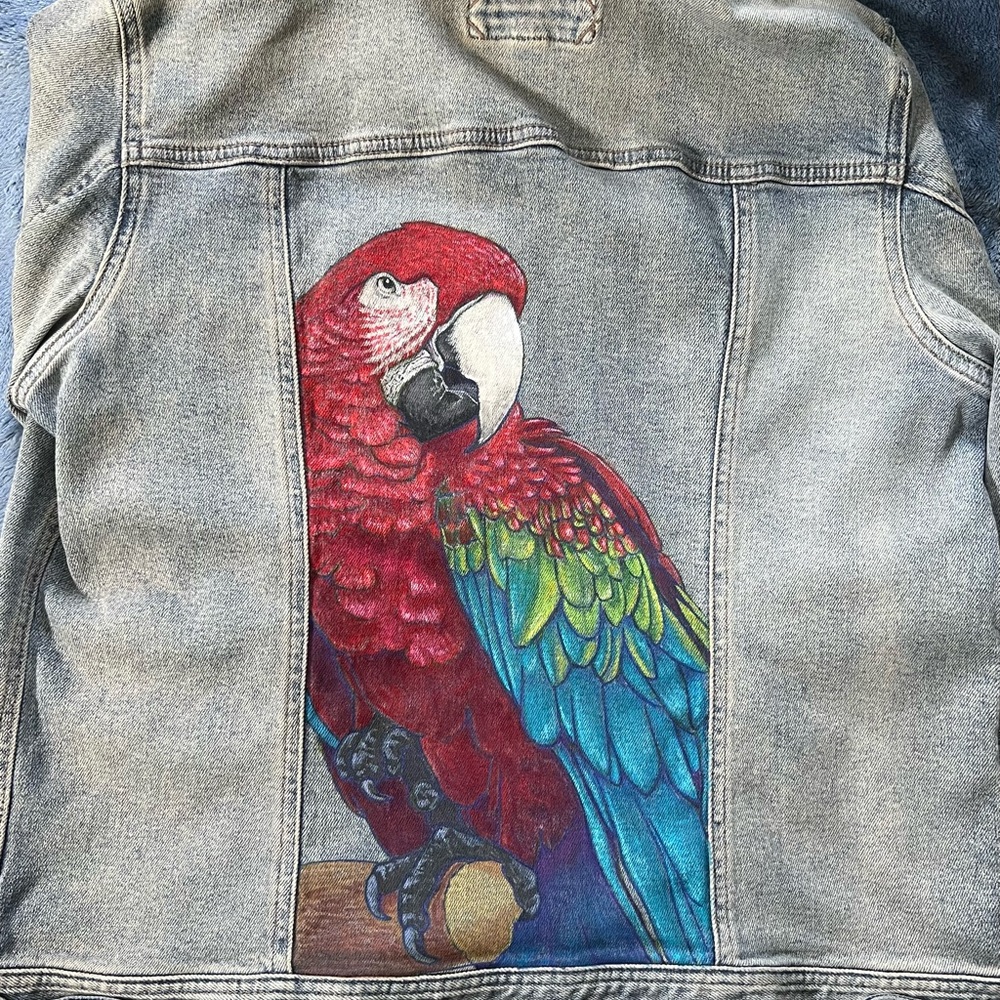 Colorful hand painted Parrot Denim Jacket